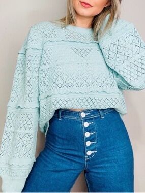 Studio 19 crochet Sweater, Balloon Sleeve Boho Sweater, Blue Ruffled Knit, Large
